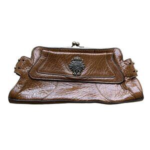 Vintage Kate Landry Brown Leather Clutch With Striped Fabric Interior & Metal